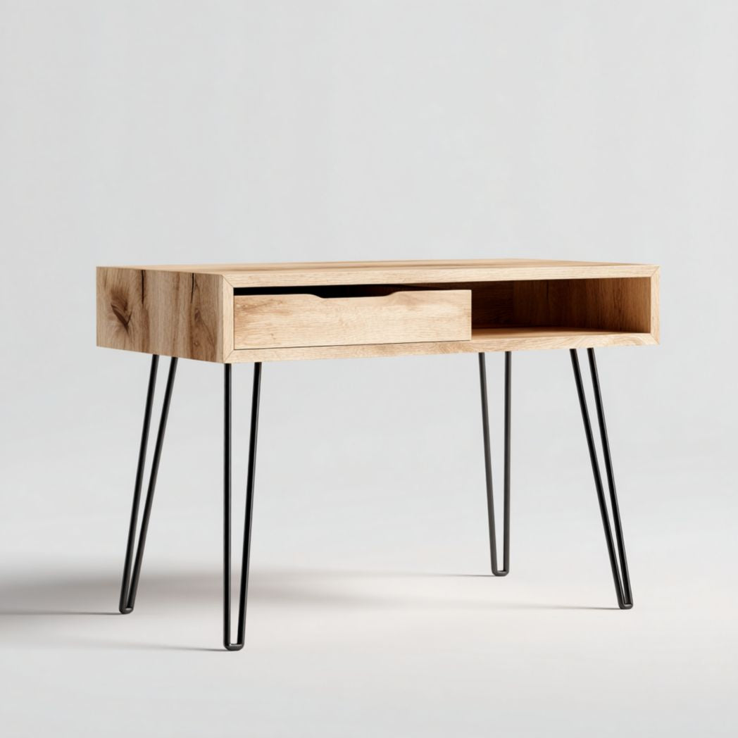 Houten bijzettafel met gouden poten en twee lades 50 x 30 x 75cm