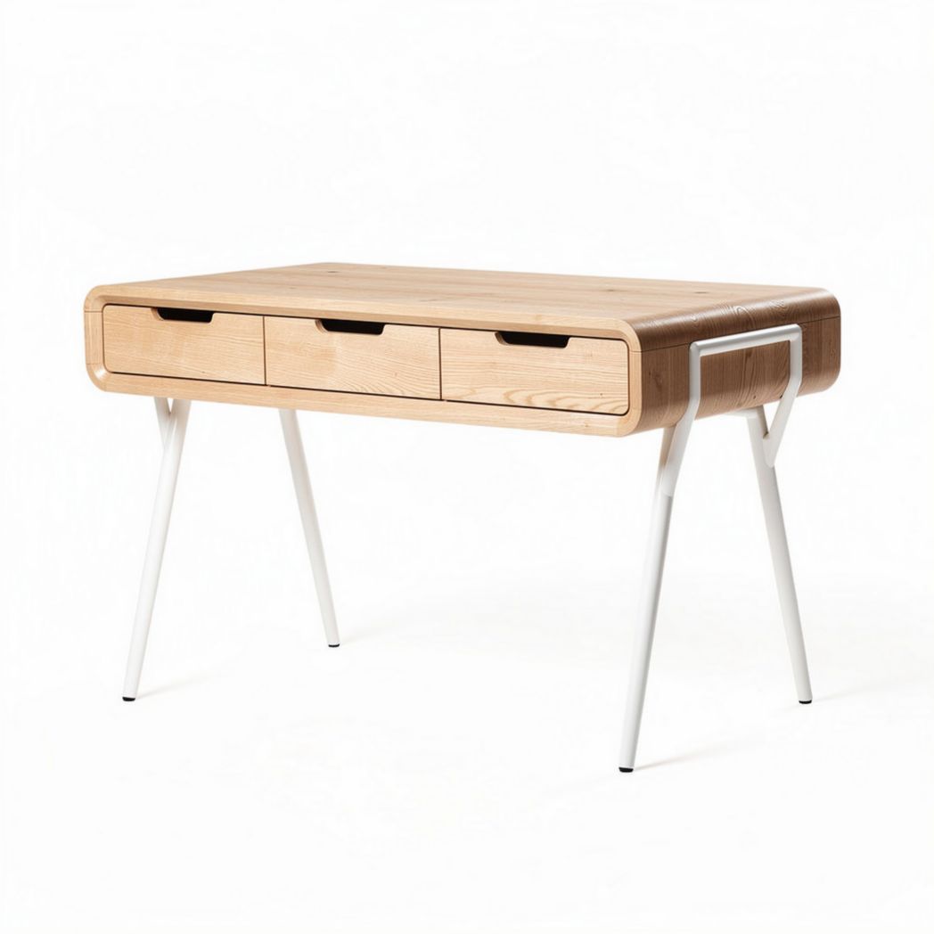 Bureau van natuurlijk beukenhout met drie lades en witte metalen poten 120 x 50 x 75cm
