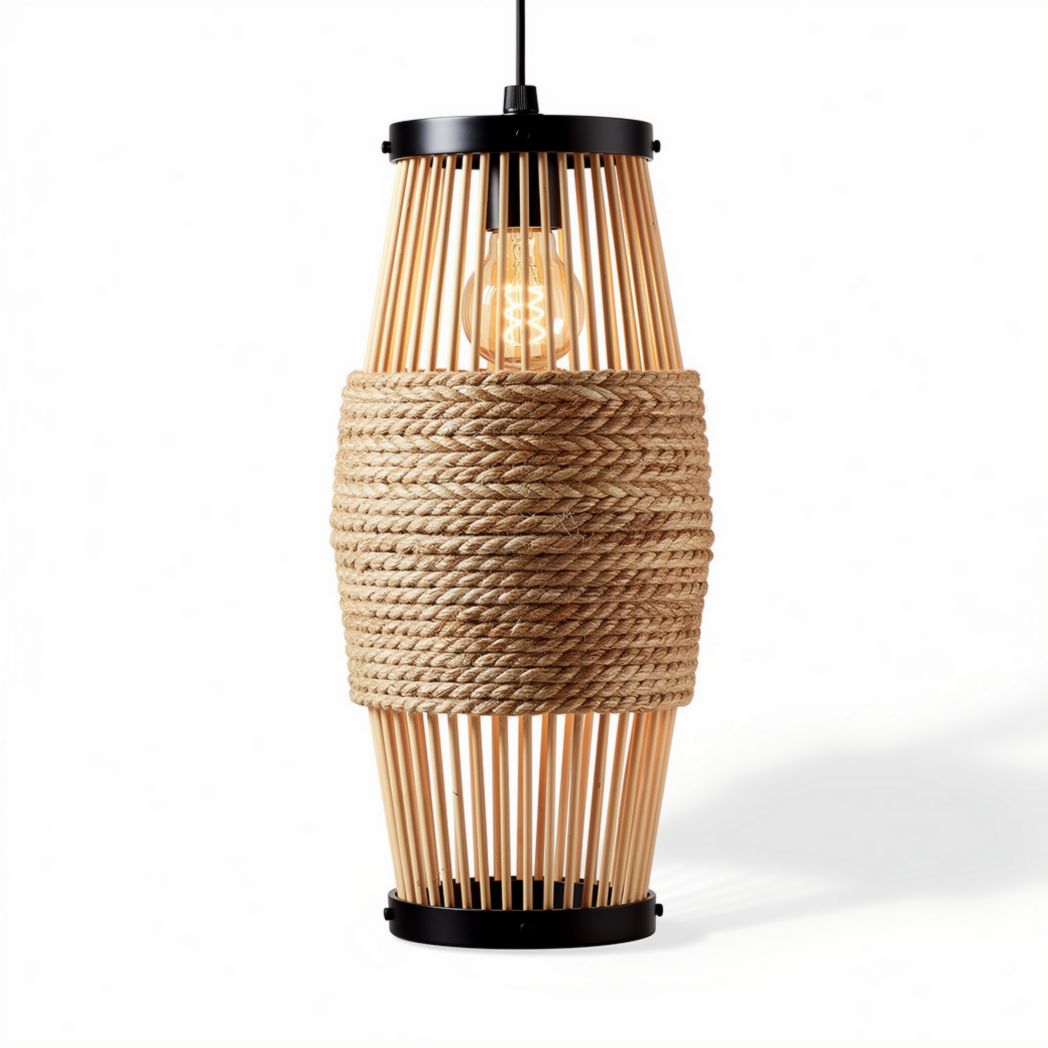 Hanglamp van bamboe met jute accenten en zwart metalen basis 35 x 35 x 75cm