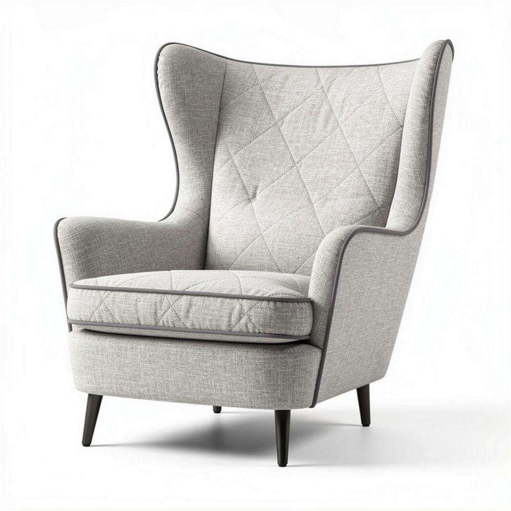 Stoere fauteuil van beige stof met hoge rugleuning en houten poten 80 x 80 x 100cm