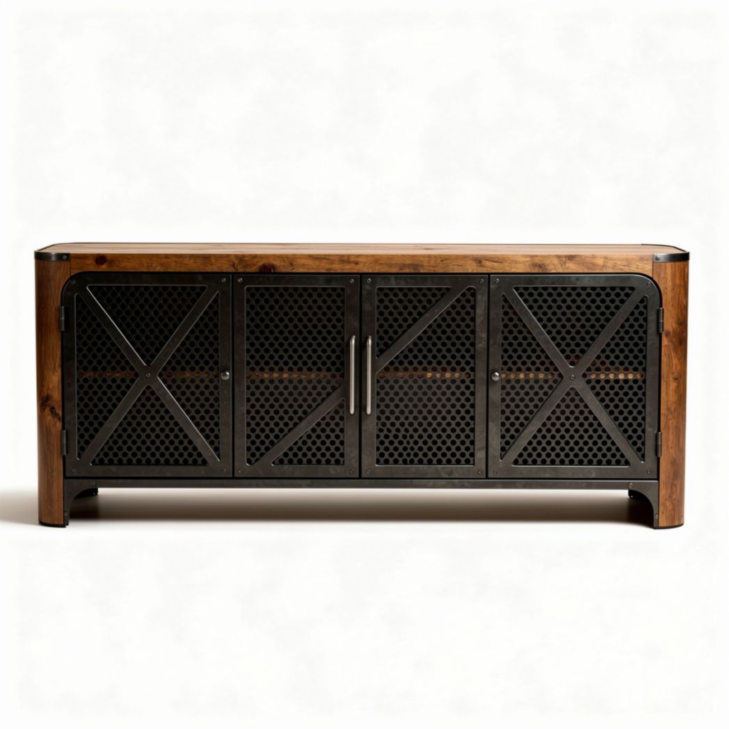 TV-meubel van hout met metalen gaasdeuren en afmetingen 150 x 45 x 60cm