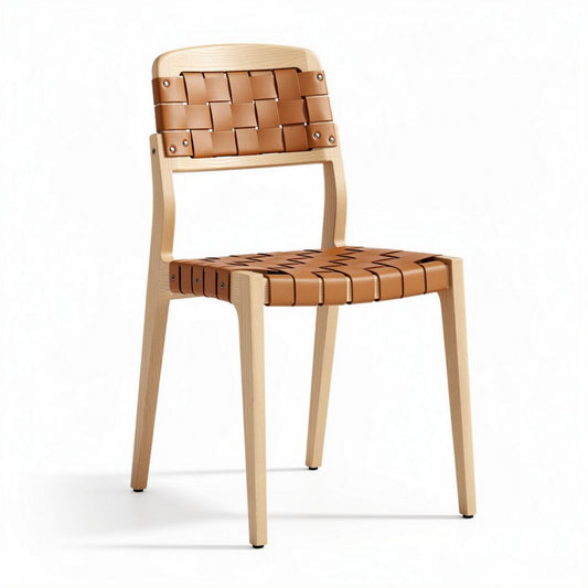 Stoel van eikenhout met geweven leer rugleuning en zitting 45 x 45 x 85cm