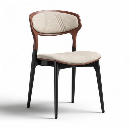 Houten eetkamerstoel met stoffen zitting in beige en zwarte poten 45 x 45 x 85cm