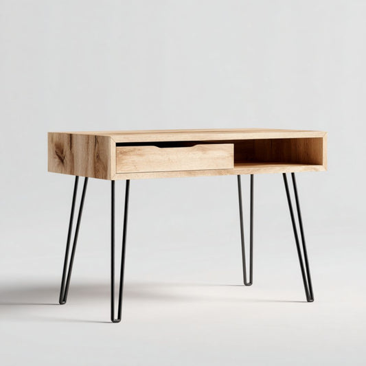 Houten bijzettafel met gouden poten en twee lades 50 x 30 x 75cm