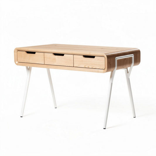 Bureau van natuurlijk beukenhout met drie lades en witte metalen poten 120 x 50 x 75cm