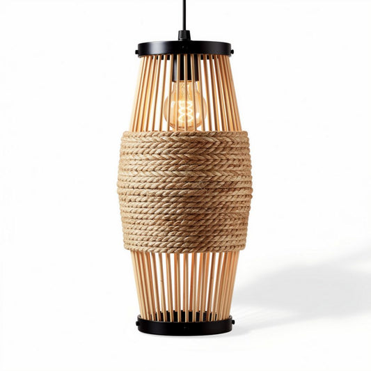 Hanglamp van bamboe met jute accenten en zwart metalen basis 35 x 35 x 75cm