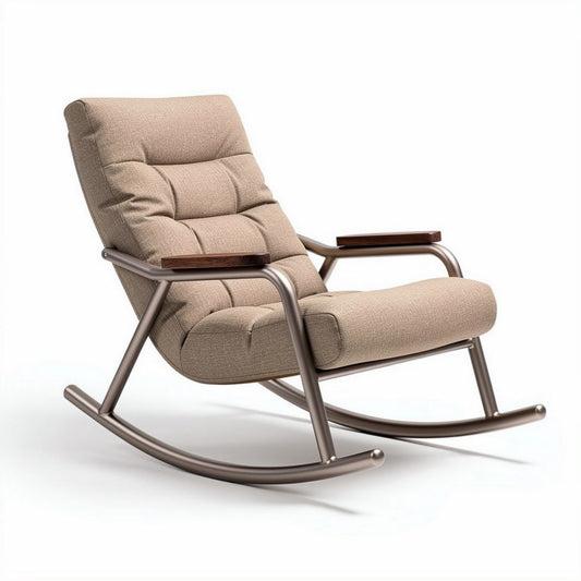Schommelstoel van stof met houten armsteunen en metalen frame 80 x 70 x 90cm