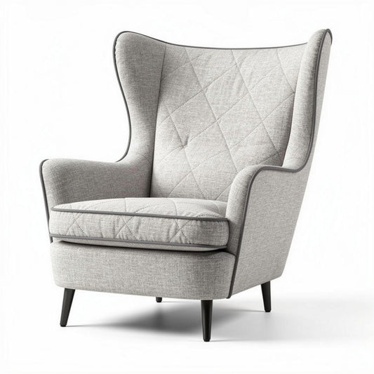 Stoere fauteuil van beige stof met hoge rugleuning en houten poten 80 x 80 x 100cm
