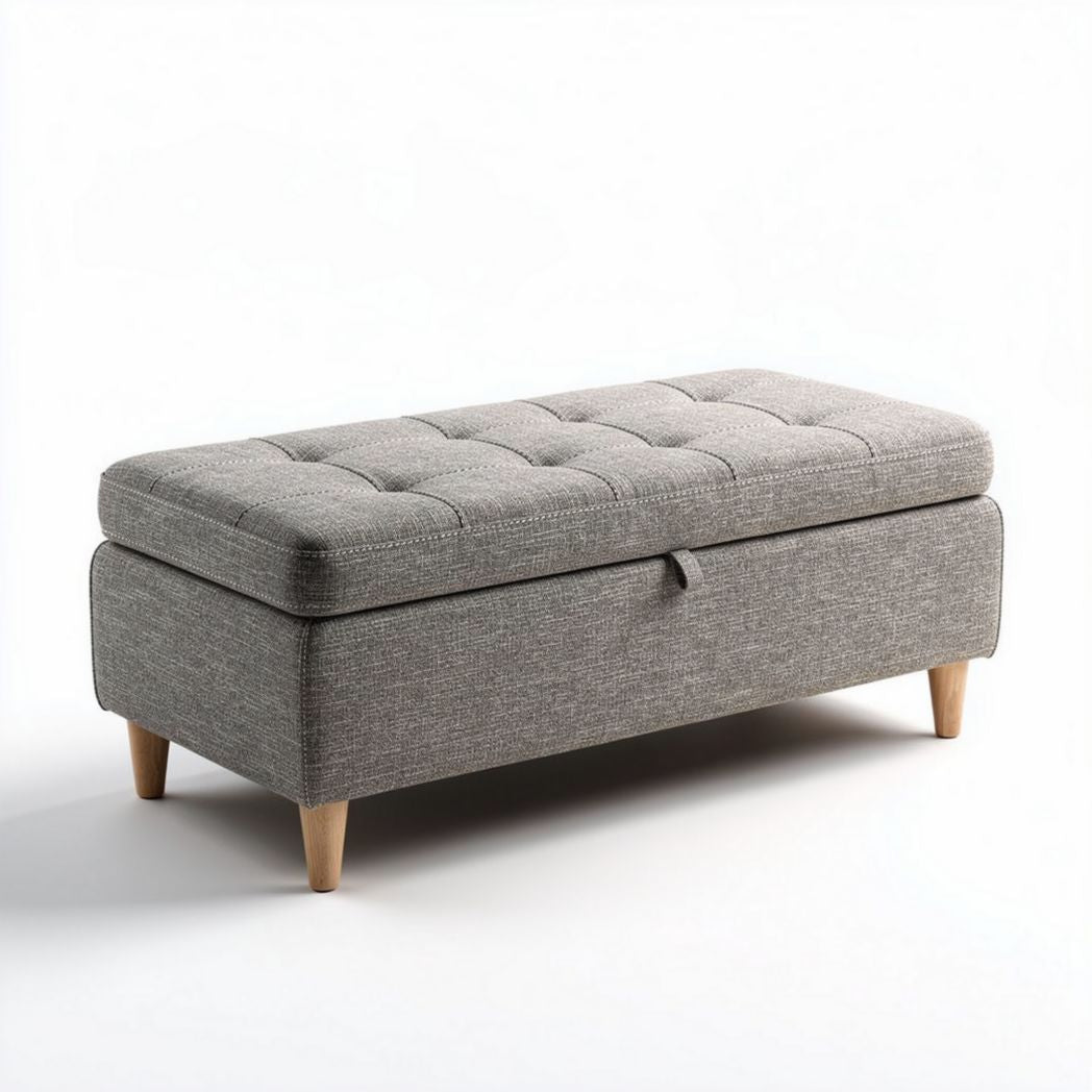 Opbergbank met grijze stof en houten poten 120 x 45 x 40cm