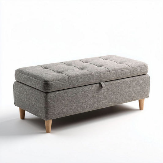 Opbergbank met grijze stof en houten poten 120 x 45 x 40cm